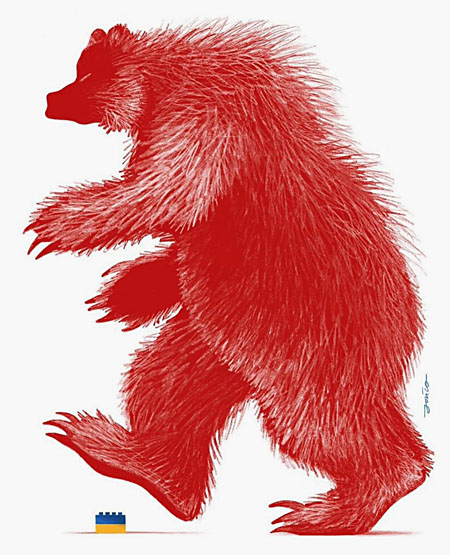 a massive, frightening bear rendered in red is walking forward, about to step on a small pair of Legos in blue and yellow, the colors of the Ukrainian flag