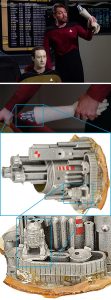 A zoom in on a photo of the Data arm prop, showing that part of its construction was an R2-D2 toy, painted silver