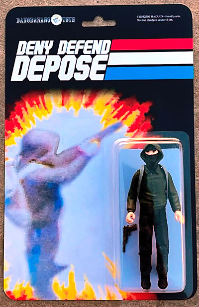 a custom GI Joe figure of Luigi Mangione in his hoodie and mask, with the photo on the card taken from the surveillance footage. The logo at the top of the card is Deny Defend Depose.