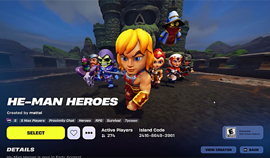 A screenshot from Fortnite, showing the 'He-Man Heroes' game mode, with chibi versions of Trap-Jaw, Man-At-Arms, Skeletor, He-Man, Teela, Orko, Sorceress, and Ram-Man running at the viewer from out of Castle Grayskull's jawbridge.