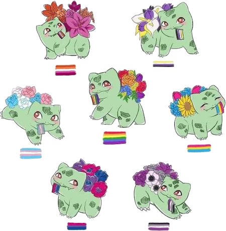 Seven Bulbasaurs, each with different flowers on their backs representing the colors of different LGBTQ pride flags. They're all super cute and happy, and each of them is carrying a small version of the corresponding flag in their mouth.

Top to bottom, left to right.
Lesbian Flag, Non-Binary Flag
Transgender Flag, Gay/Pride Flag, Pansexual flag
Bisexual Flag, Asexual Flag