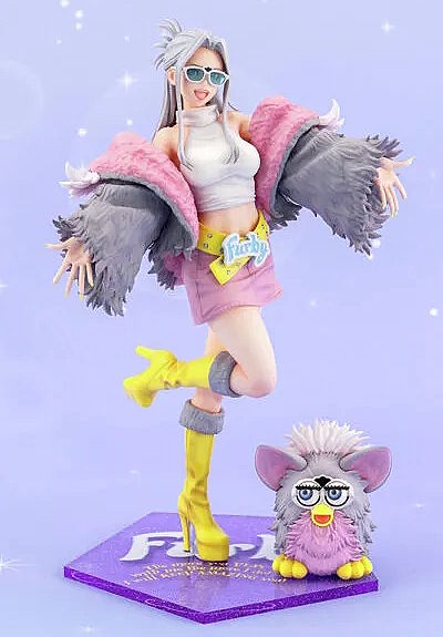 A cute girl with a big smile, holding her arms open for a hug and kicking one heel up. She's got gray hair, big green sunglasses, a grey fur coat with pink trim, a matching pink skirt, and yellow boots. Sitting next to her is a tiny Furby with white hair, green eyes, grey and pink fur, and yellow toes.