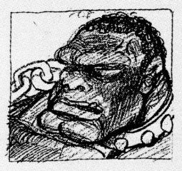 a terribly racist caricature of a black man, with a heavy brow, huge lips, and a chain around his neck