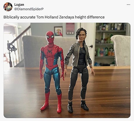 Biblically accurate Tom Holland/Zendaya height difference. *photo of a small MAFEX Spider-Man toy next to Marvel Legends MJ WIlliams*