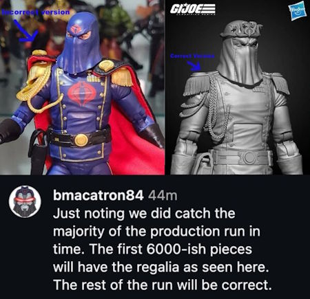 Comparison showing the error Cobra Commander vs. the intended look.