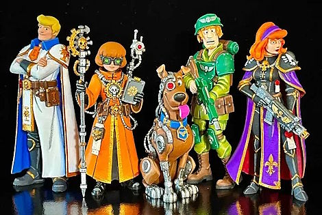 The Scooby-Doo Mystery Inc. gang reimagined as Warhammer 40,000 miniatures standing in a row against a black background. Fred Jones is an Adeptus Astartes Rogue Trader, Velma Dinkley is an Adeptus Mechanicus Tech-Priest holding a staff and tome, Scooby-Doo is a Cyber-Mastiff with bionic limbs and a red cybernetic eye, Shaggy Rogers is an Astra Militarum Imperial Guard trooper in green armor holding a lasgun, and Daphne Blake is an Adepta Sororitas Sister of Battle in black and purple power armor holding a bolter.

Both images by by @chr.ispaints on Instagram, based on custom kitbashed/3D-printed figures modeled from concept illustrations by artist @grimdorables.