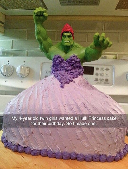 My 4-year-old twin girls wanted a Hulk Princess cake for their birthday, so I made one. *photo of a 12-inch Hulk figure with a cake baked around his legs, with pink and purple icing forming a cascading dress from his chest down to the tabletop*