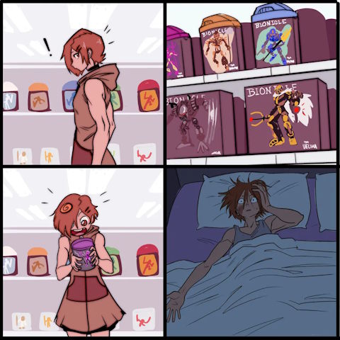 A woman walks down an aisle, and is suddenly surprised by what she sees. On the shelf, rows and rows of Bionicle sets for sale. She excitedly grabs her favorite, elated to have it! She wakes up in bed, confused; it was all just a dream.